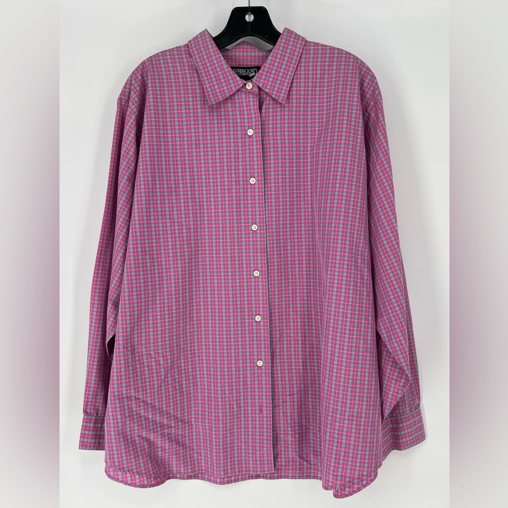 LANDS’END NWOT‎ COTTON POLY BLEND  PINK BLUE CHECKERED BUTTON DOWN SHIRT